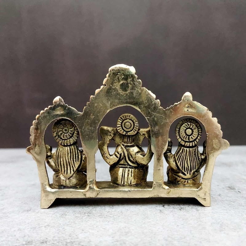 Brass Lakshmi Saraswati Ganesha Idols on a Chowki - 3.1 inch Height | Divine Brass Set of Lakshmi, Saraswati, and Ganesha Idols on Chowki