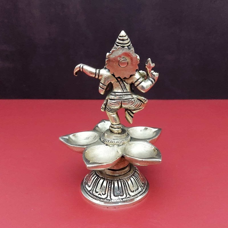 Brass Super Fine Dancing Ganesha Five Oil Wick Diya - 5.5 inch Height | Auspicious Illumination