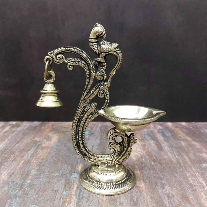 Brass Bird Bell Diya - 7.1 inch Height | Brass Diya with Bird Design and Bell