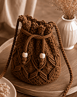 Chocolate Brown Macrame Bucket Bag with Drawstring & Wooden Beads