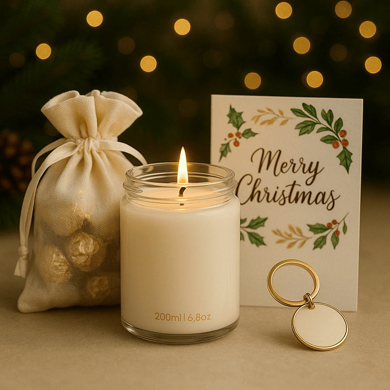 Golden Harmony Christmas Gift Set – Candle, Keychain & Treats