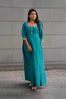 Women Embroidered Ethnic Anarkali Dress - Green