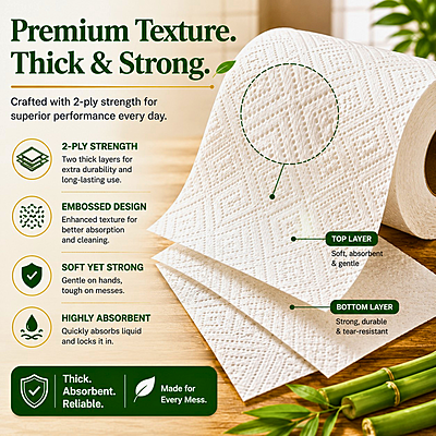 Sofierth XL Bamboo Kitchen Paper Towels – Pack of 2 × 2 Rolls