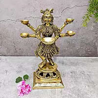 Brass Five Deep Lakshmi Fine - 13.8 inch Height | Auspicious Brass Lakshmi Diya with Five Deepam