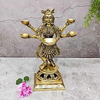 Brass Five Deep Lakshmi Fine - 13.8 inch Height | Auspicious Brass Lakshmi Diya with Five Deepam