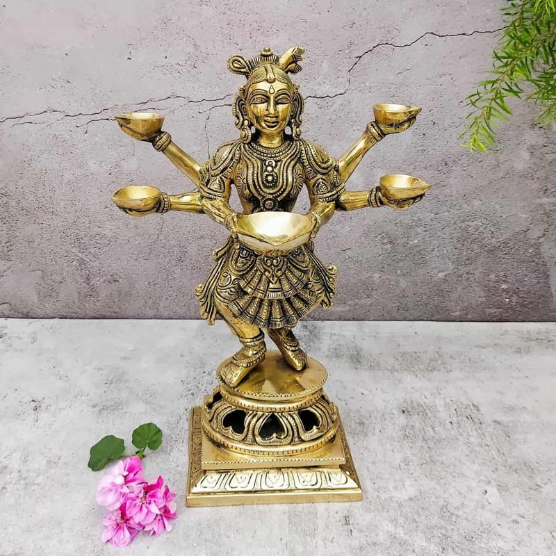 Brass Five Deep Lakshmi Fine - 13.8 inch Height | Auspicious Brass Lakshmi Diya with Five Deepam