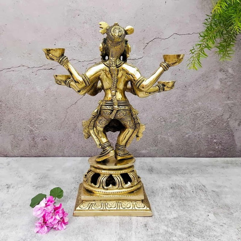 Brass Five Deep Lakshmi Fine - 13.8 inch Height | Auspicious Brass Lakshmi Diya with Five Deepam