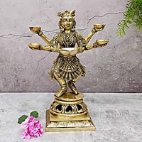 Brass Five Deep Lakshmi Fine - 13.8 inch Height | Auspicious Brass Lakshmi Diya with Five Deepam