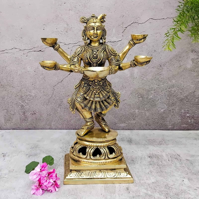 Brass Five Deep Lakshmi Fine - 13.8 inch Height | Auspicious Brass Lakshmi Diya with Five Deepam