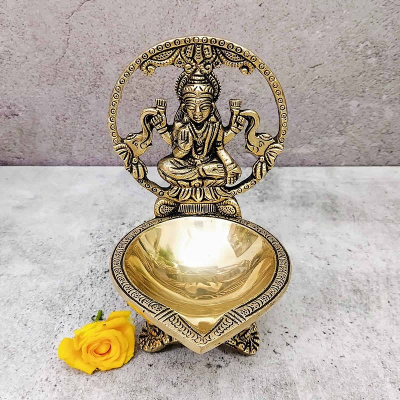 Brass Gaja Lakshmi Diya - 6 inch Height | Brass Diya with Gaja Lakshmi Design