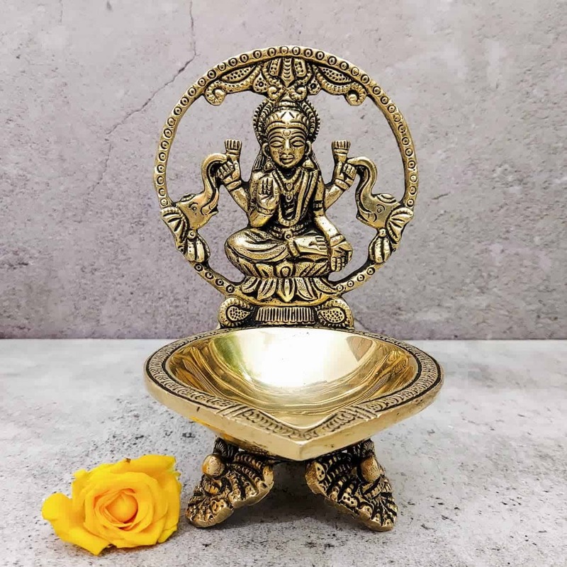 Brass Gaja Lakshmi Diya - 6 inch Height | Brass Diya with Gaja Lakshmi Design