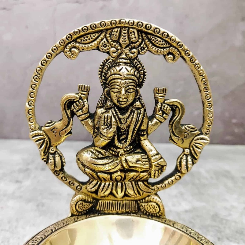 Brass Gaja Lakshmi Diya - 6 inch Height | Brass Diya with Gaja Lakshmi Design
