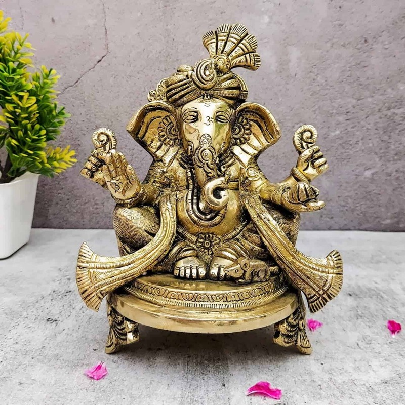 Brass Pagadi Ganesh Idol on Chowki Super Fine Quality - 7.5 inch Height | Decorative Brass Ganesh Idol with Pagadi on Chowki