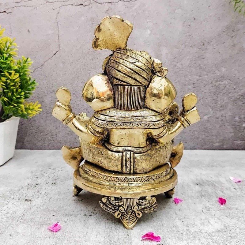 Brass Pagadi Ganesh Idol on Chowki Super Fine Quality - 7.5 inch Height | Decorative Brass Ganesh Idol with Pagadi on Chowki
