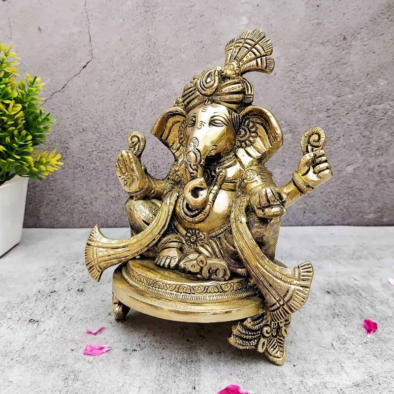 Brass Pagadi Ganesh Idol on Chowki Super Fine Quality - 7.5 inch Height | Decorative Brass Ganesh Idol with Pagadi on Chowki