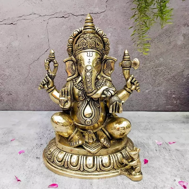 Brass Ganesh Idol Super Fine - 11 inch Height | Exquisite Brass Ganesha Idol for Pooja