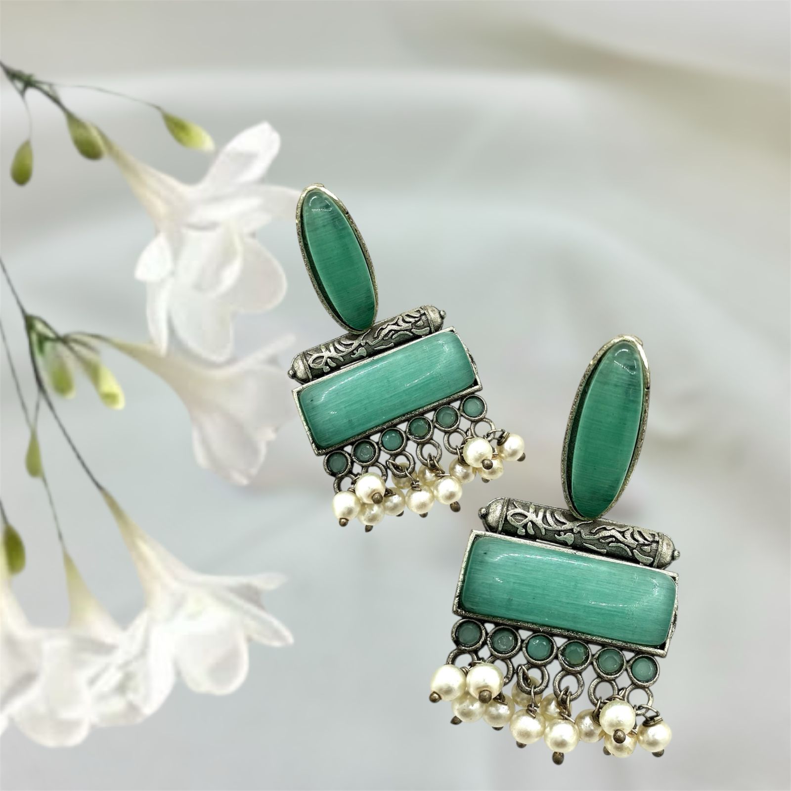 Silver plated Brass Earrings (Sea Green) #8