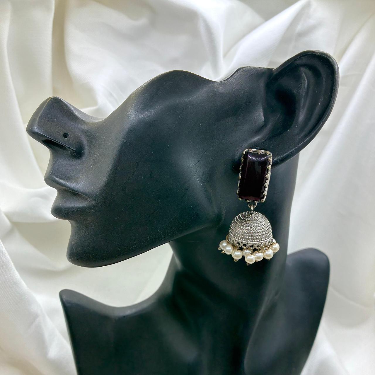 Silver plated Brass Earrings (Black) #17