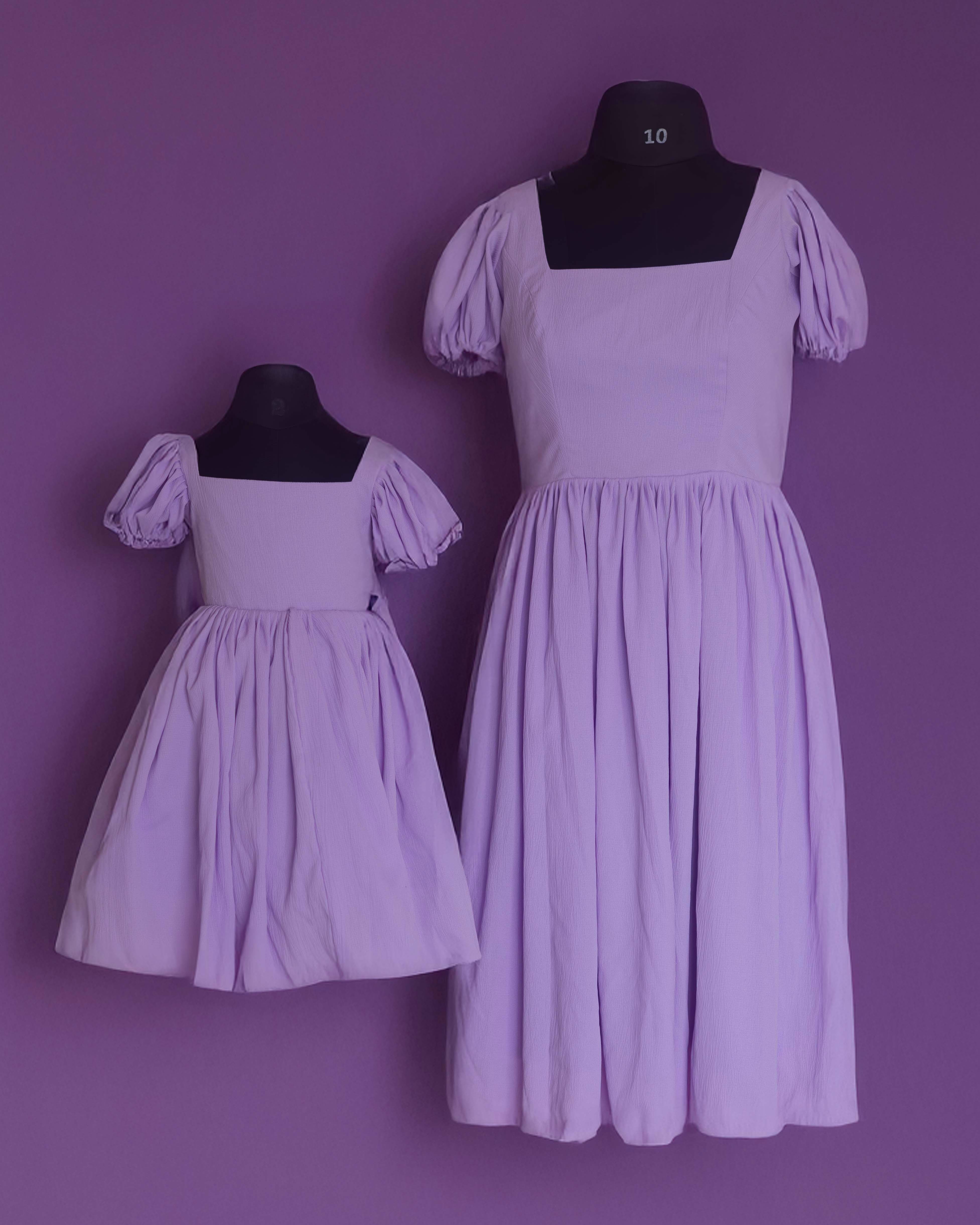 Lavender Puff Sleeve Back Bow Mother and Daughter Dress Set