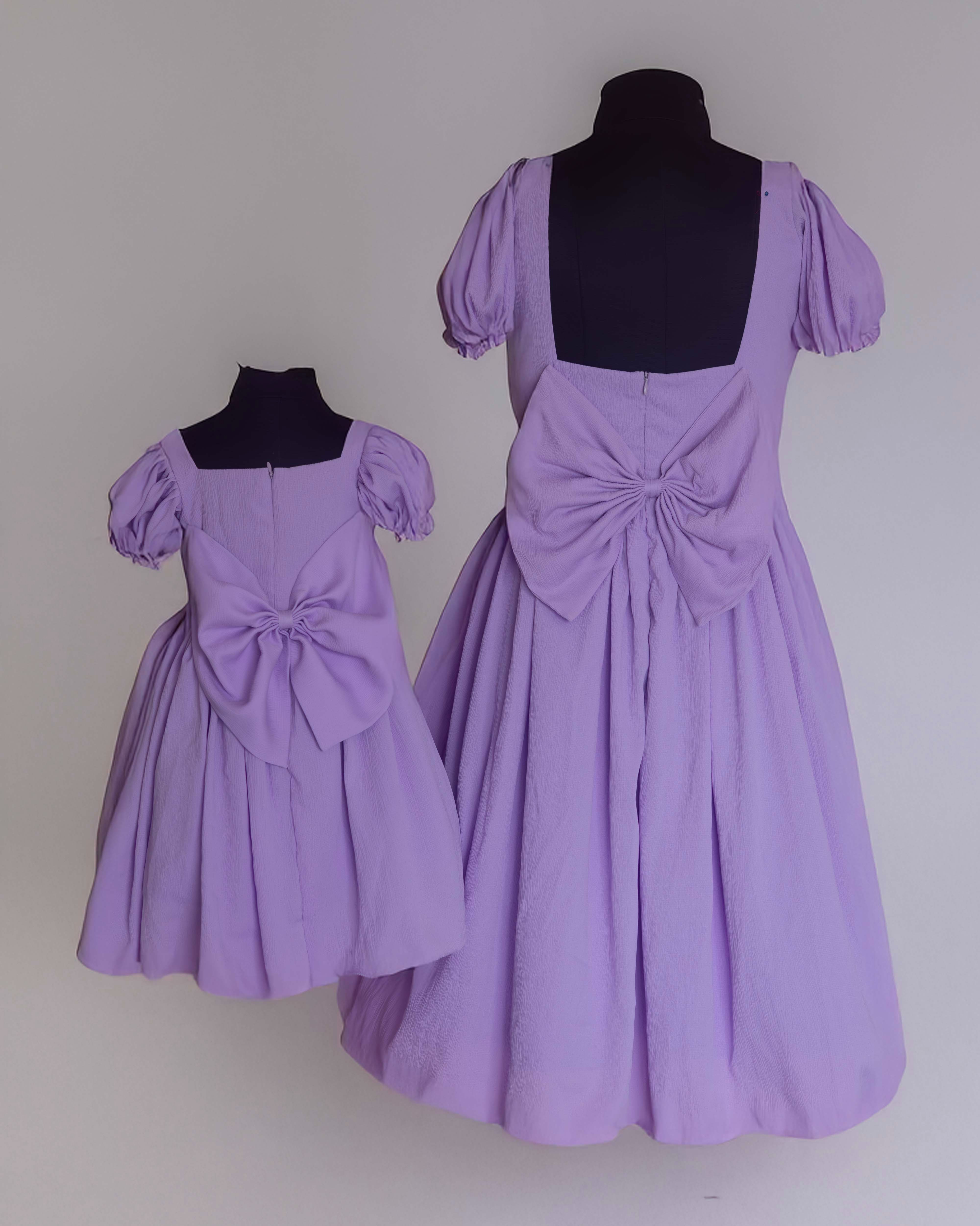 Lavender Puff Sleeve Back Bow Mother and Daughter Dress Set