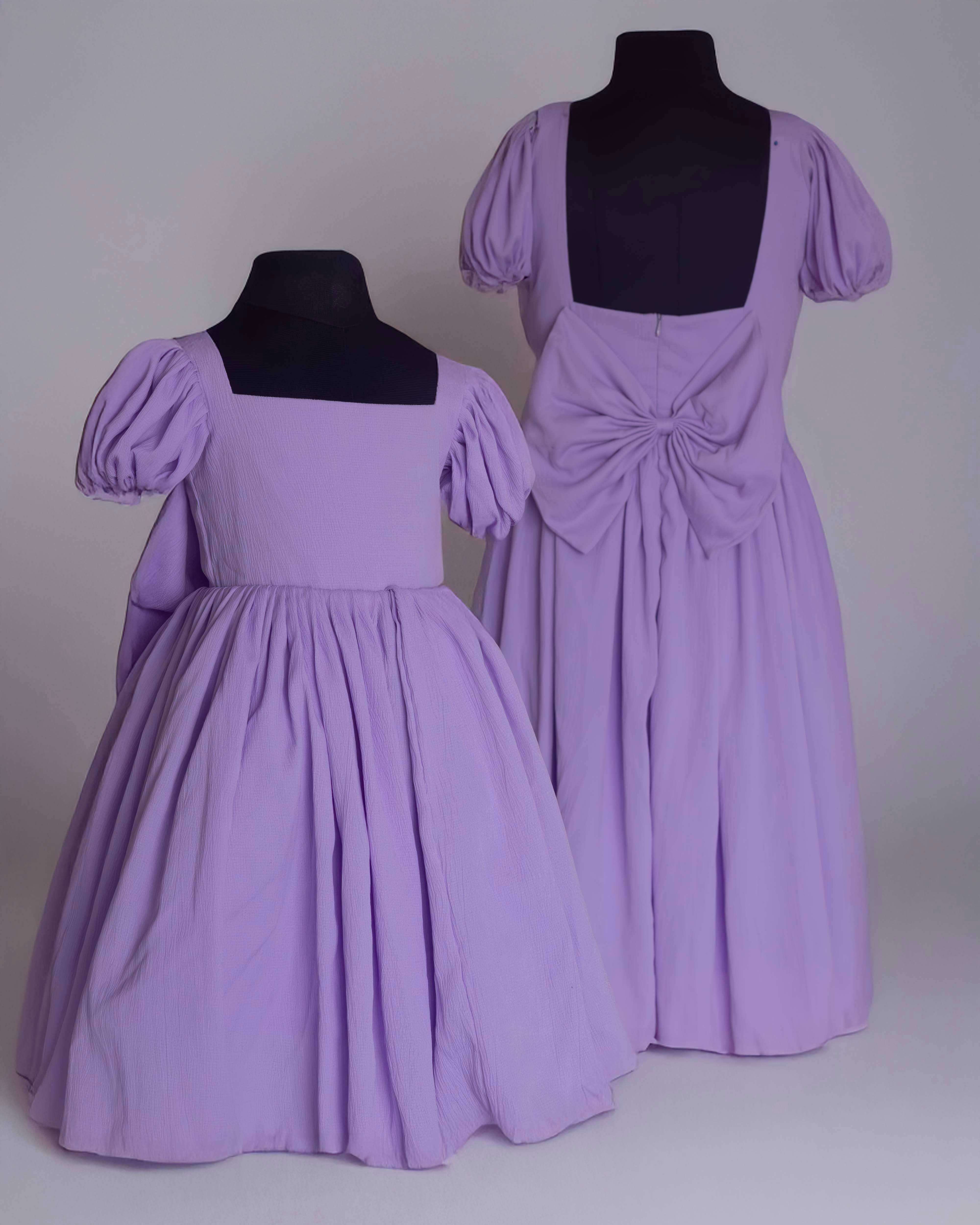 Lavender Puff Sleeve Back Bow Mother and Daughter Dress Set