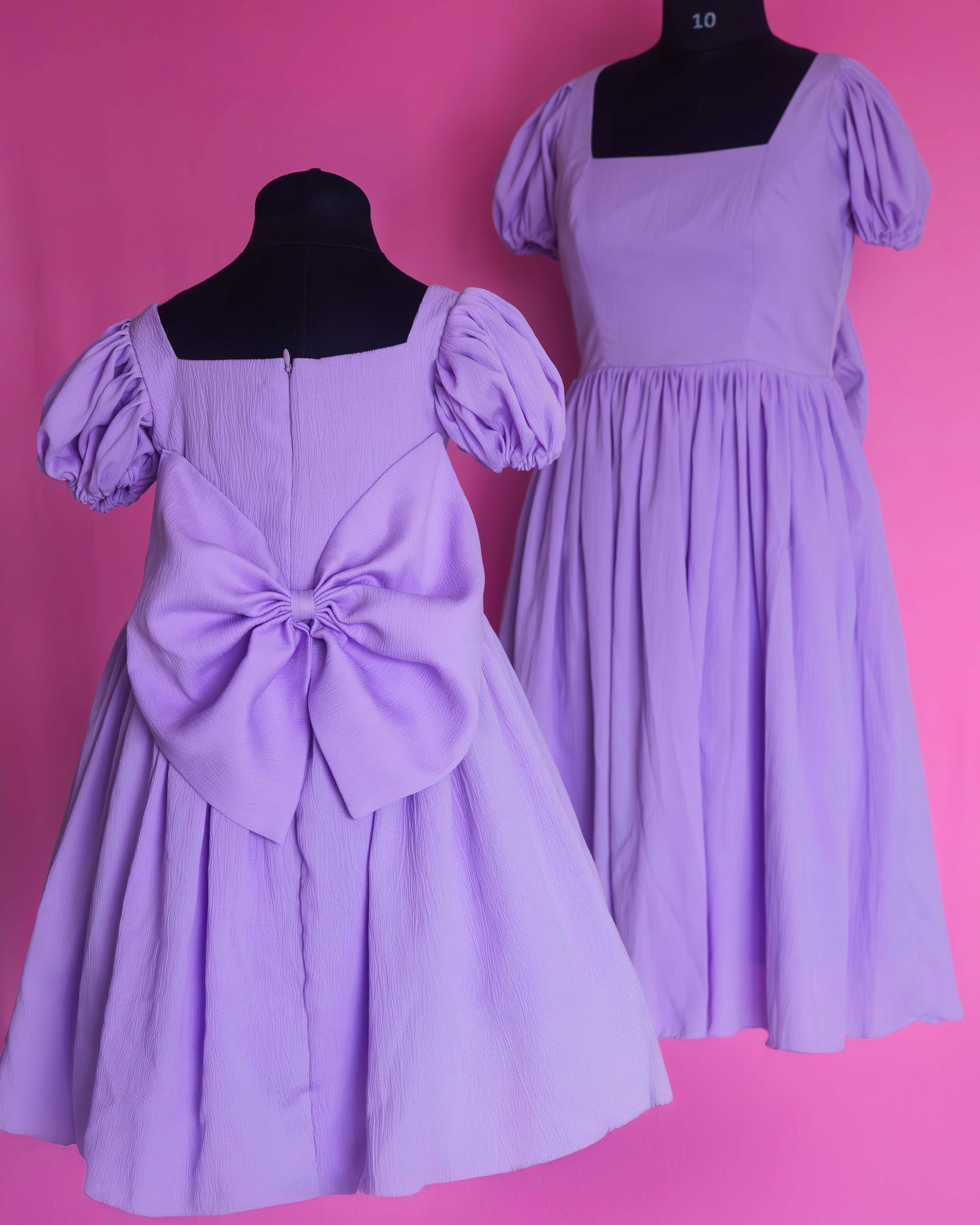 Lavender Puff Sleeve Back Bow Mother and Daughter Dress Set