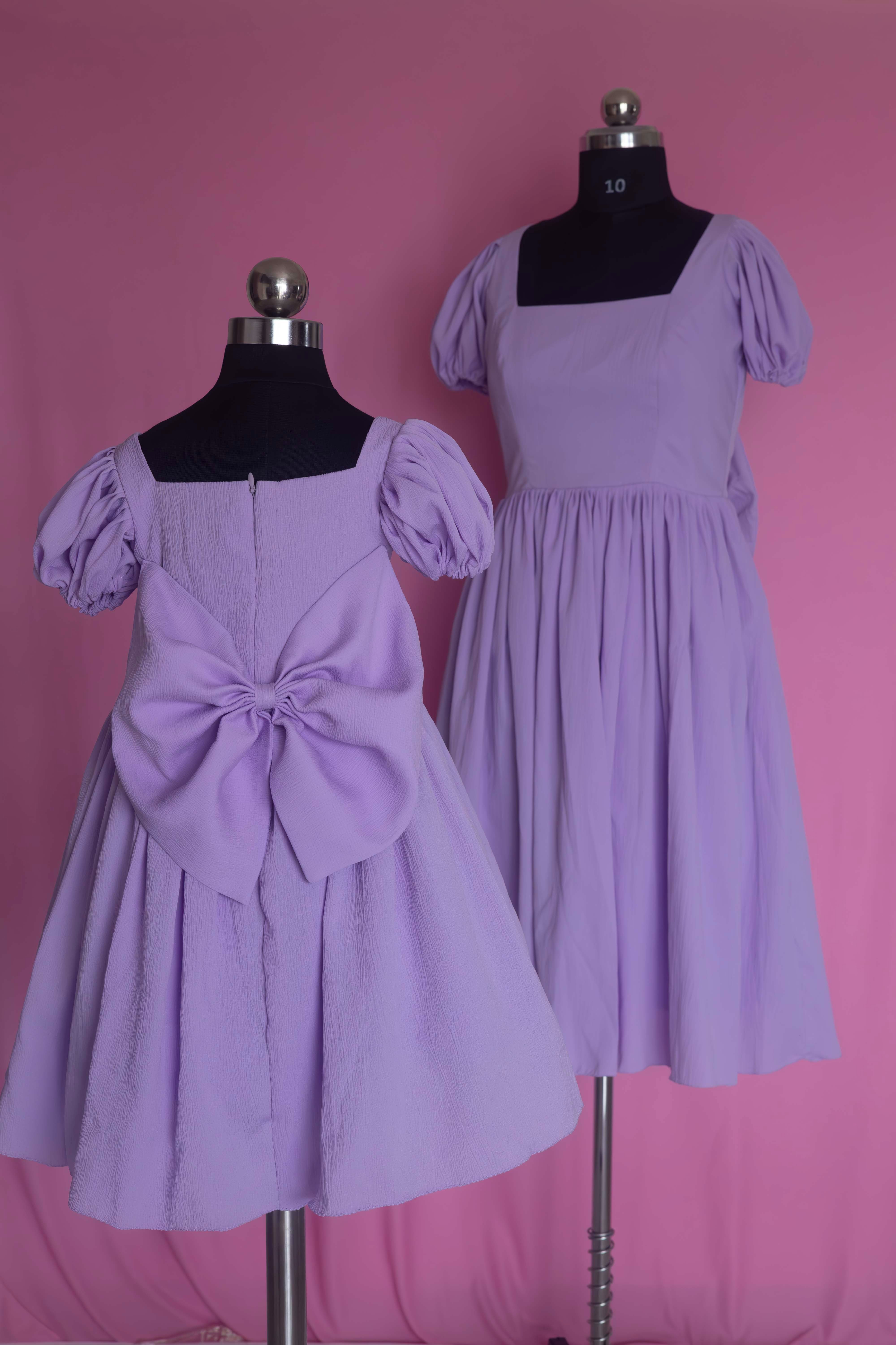 Lavender Puff Sleeve Back Bow Mother and Daughter Dress Set