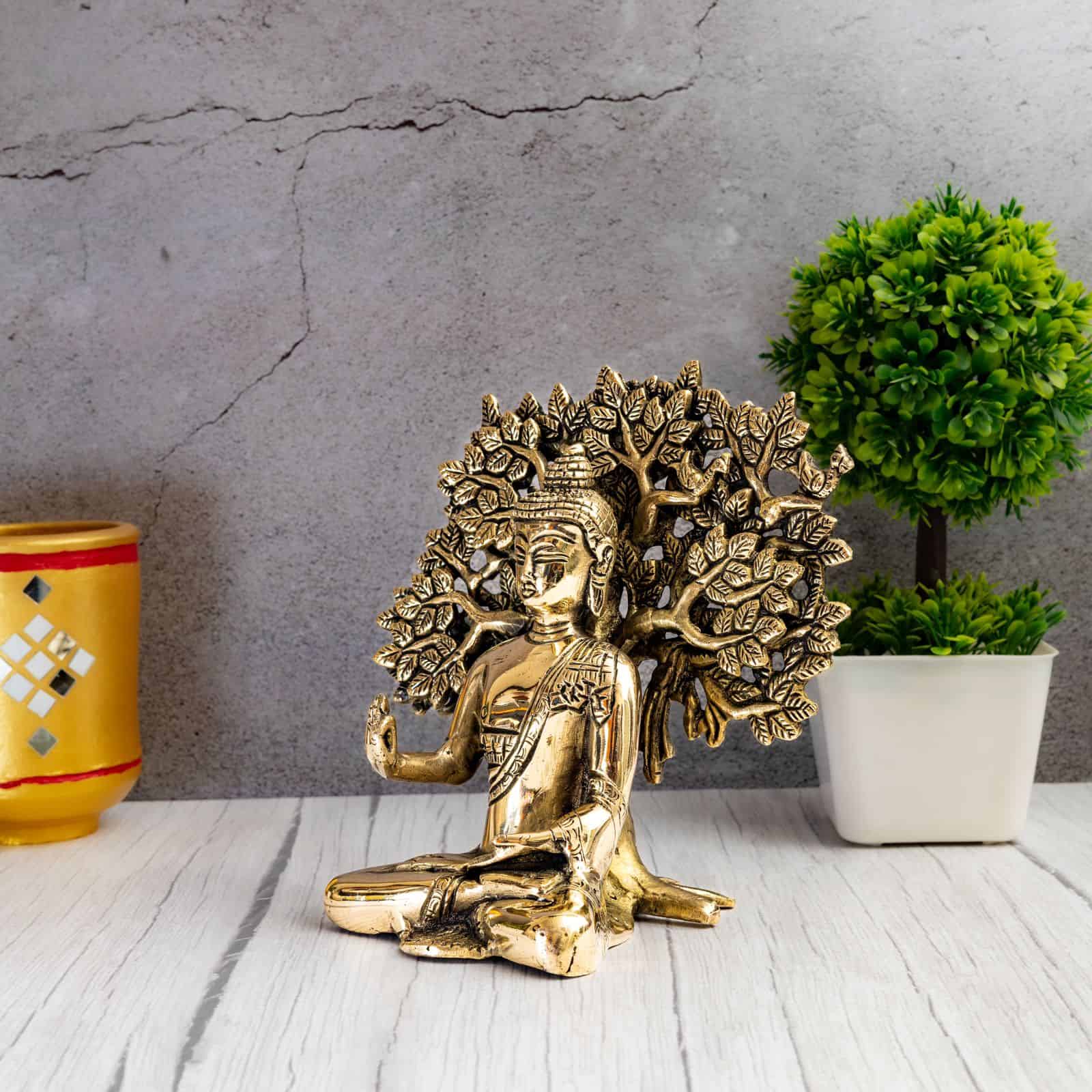 Brass Blessing Buddha under Kalpavriksha Tree - 7 inch Height | Serene Brass Idol of Blessing Buddha under Kalpavriksha Tree for Peace and Tranquility
