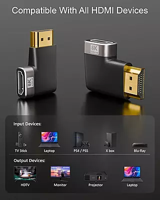 8K HDMI Male Female 90 Degree right angel Connector Supports 8K @60Hz, @120Hz, Dynamic HDR , 3D & eARV