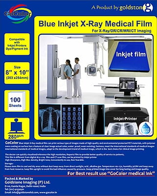 A4 x100 GoColor Inkjet Medical Blue Film for X Ray Film / SIZE: 210mm x 297mm  100 Sheet Pack of 280 GSM / 210 Micron A4 x100 GoColor Inkjet Medical Blue Film for X Ray Film / SIZE: 210mm x 297mm  100 Sheet Pack of 280 GSM / 210 Micron