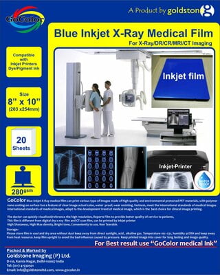 Inkjet Medical Blue Film for X Ray imaging/Waterproof Film/SIZE: 203mm x 254mm (8 inch X 10 inch) X 20 Sheet Pack of 280 GSM / 210 Micron Inkjet Medical Blue Film for X Ray imaging/Waterproof Film/SIZE: 203mm x 254mm (8 inch X 10 inch) X 20 Sheet Pack of 280 GSM / 210 Micron