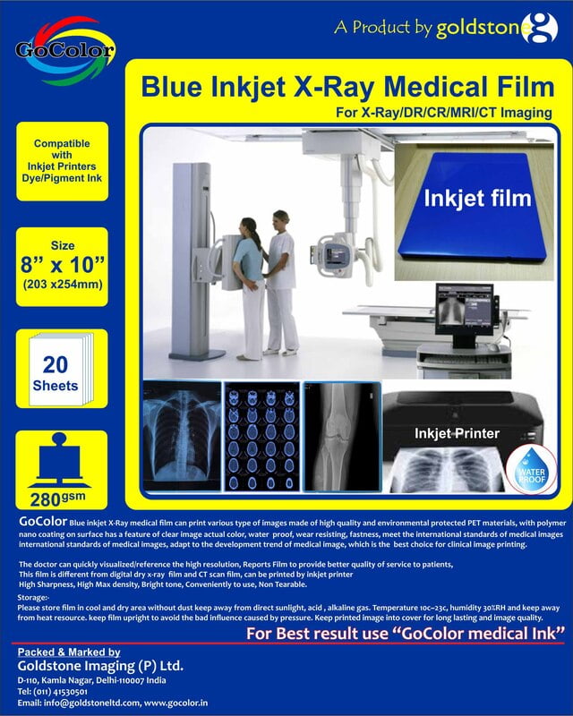 Inkjet Medical Blue Film for X Ray imaging/Waterproof Film/SIZE: 203mm x 254mm (8 inch X 10 inch) X 20 Sheet Pack of 280 GSM / 210 Micron Inkjet Medical Blue Film for X Ray imaging/Waterproof Film/SIZE: 203mm x 254mm (8 inch X 10 inch) X 20 Sheet Pack of 280 GSM / 210 Micron