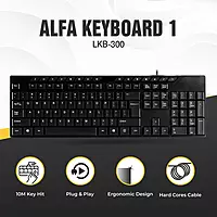 Lapcare Alfa‑1 LKB‑300 keyboard: 104‑key layout plus 15 hotkeys, USB plug‑and‑play, adjustable kickstand & 10 million keystroke lifespan.