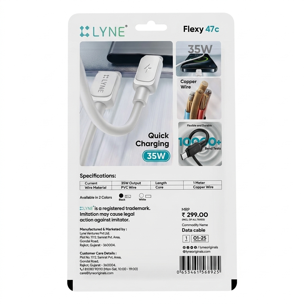 Lyne Flexy 47c (USB to Type C Data Cable) | Startup-41 | Black