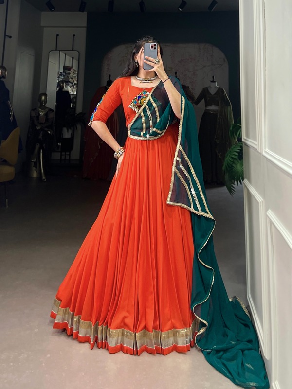 "Orange Mirror Work Lehenga Choli with Green Dupatta" D.B.38