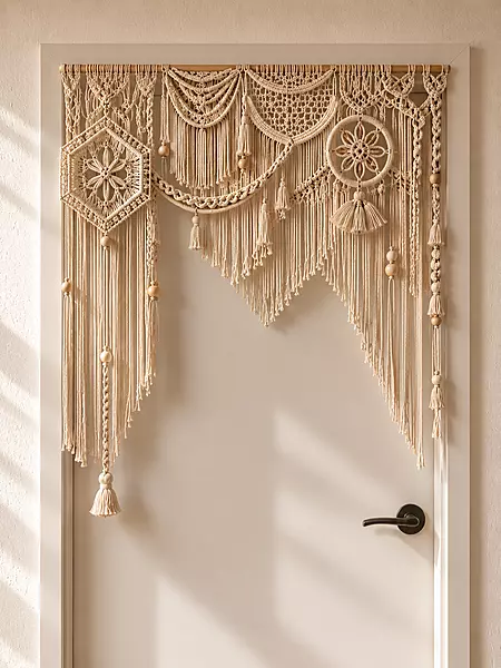 Natural Macrame Door Topper with Lace Medallions & Bead Fringe