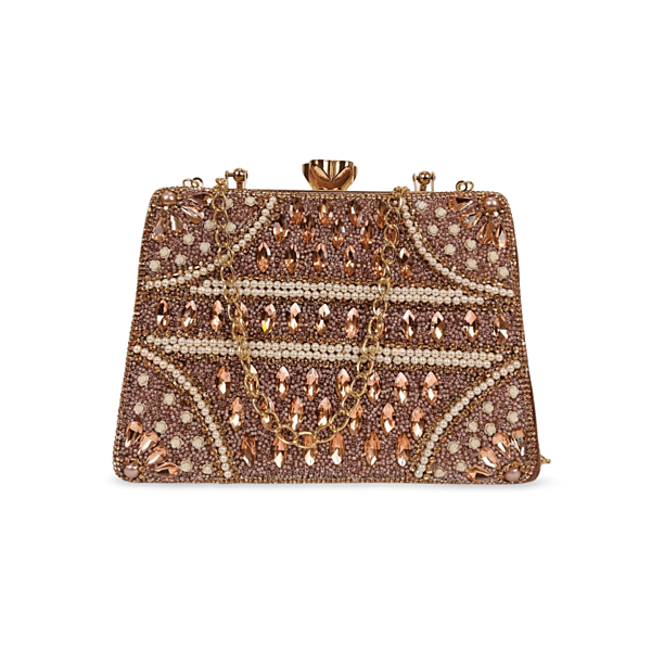 Rose Gold Crystal Embellished Clutch Bag with Chain Strap