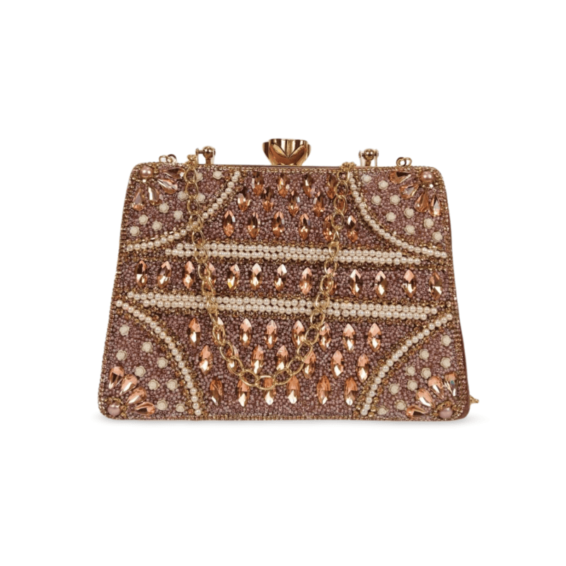 Rose Gold Crystal Embellished Clutch Bag with Chain Strap