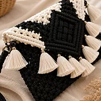 Black & Ivory Macrame Clutch with Gold Tassels & Diamond Weave Panel