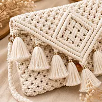Natural Ivory Macrame Clutch Bag with Gold-Capped Tassel Fringe