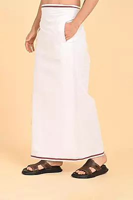 Men’s 100% Cotton Readymade Double-Layer White Veshti with Fancy Border-Pink/SS
