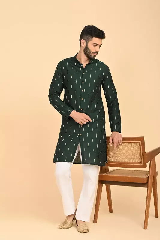 Men Jacquard Full Open Long Kurta - Green