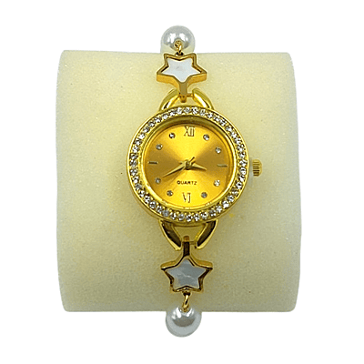 Gold Star & Pearl Charm Bracelet Watch for Women | Quartz