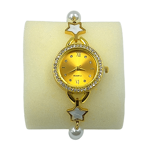 Gold Star & Pearl Charm Bracelet Watch for Women | Quartz