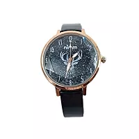 Starry Night Deer Motif Women's Watch with Black Leather Strap