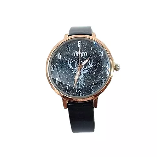 Starry Night Deer Motif Women's Watch with Black Leather Strap