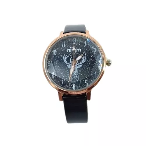 Starry Night Deer Motif Women's Watch with Black Leather Strap