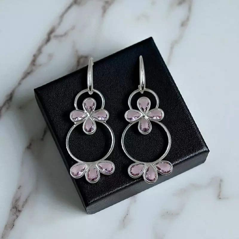 Delicate Pink & Silver Hoop Earrings | Dangle Drop Earrings