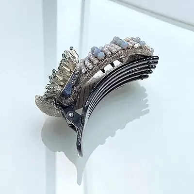 Chic Stripe Hair Claw Clip with Beaded Embellishments