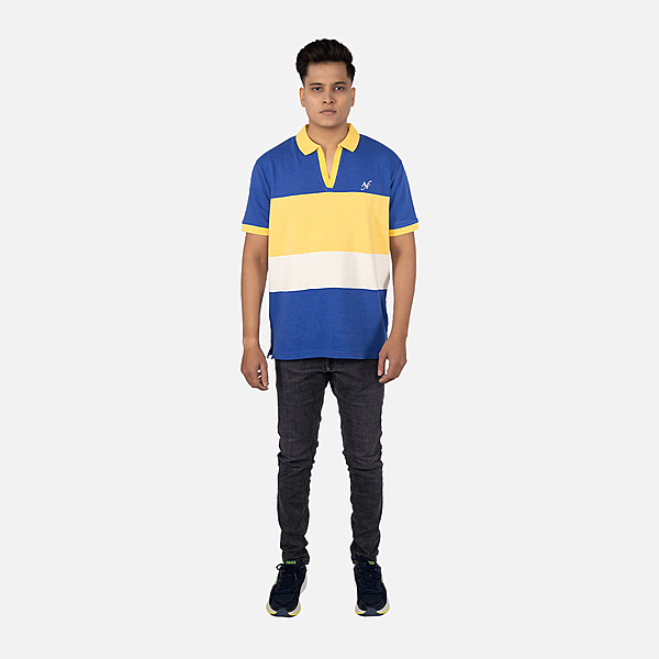 Men Dark Royal Blue Bold Multi Stripe Polo V - Neck T-shirt